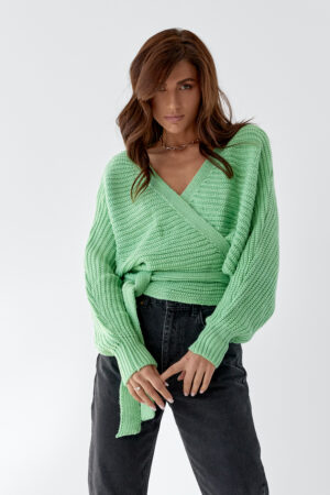 Коротка в'язана кофта із запахом та поясом QU STYLE - салатовий цвет, ONE SIZE (є розміри)