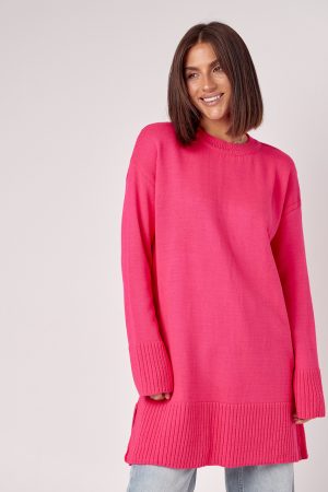 Жіноча в'язана туніка oversize із розрізами з боків - фуксія цвет, ONE SIZE (є розміри)