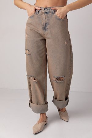 Джинси baggy з рваними елементами - кавовий цвет, 36р (є розміри)