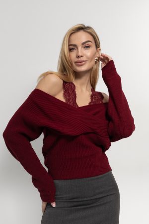 В'язана кофта на  запах із мереживом - бордо цвет, ONE SIZE (є розміри)