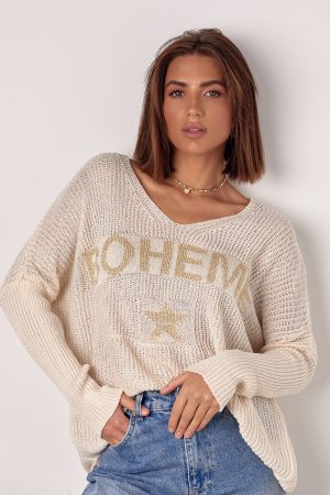 В'язаний жіночий пуловер з написом Boheme - молочний цвет, ONE SIZE (є розміри)
