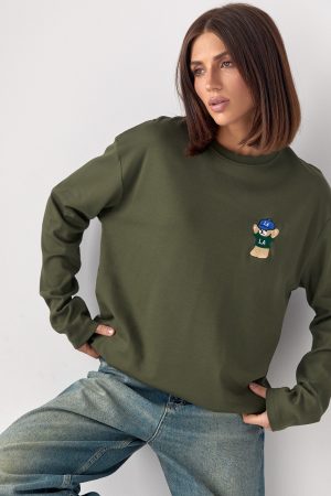 Трикотажний лонгслів oversize з вишитим ведмедиком - хакі цвет, ONE SIZE (є розміри)