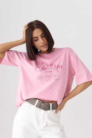 Бавовняна oversize футболка з принтами - рожевий цвет, ONE SIZE (є розміри)
