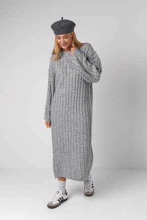 В'язана сукня міді з візерунками із косичок - сірий цвет, ONE SIZE (є розміри)