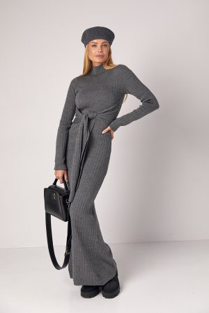 Сукня максі в рубчик з широким поясом - сірий цвет, ONE SIZE (є розміри)